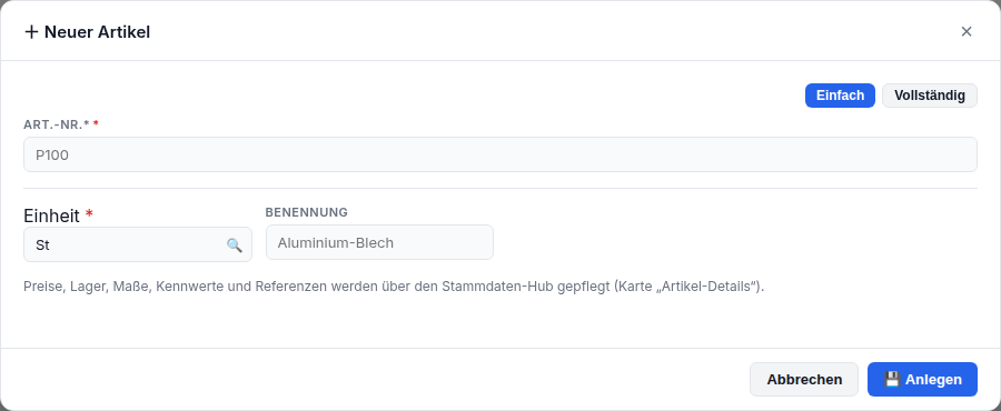 Artikel-Anlage mit Profil: Einfach