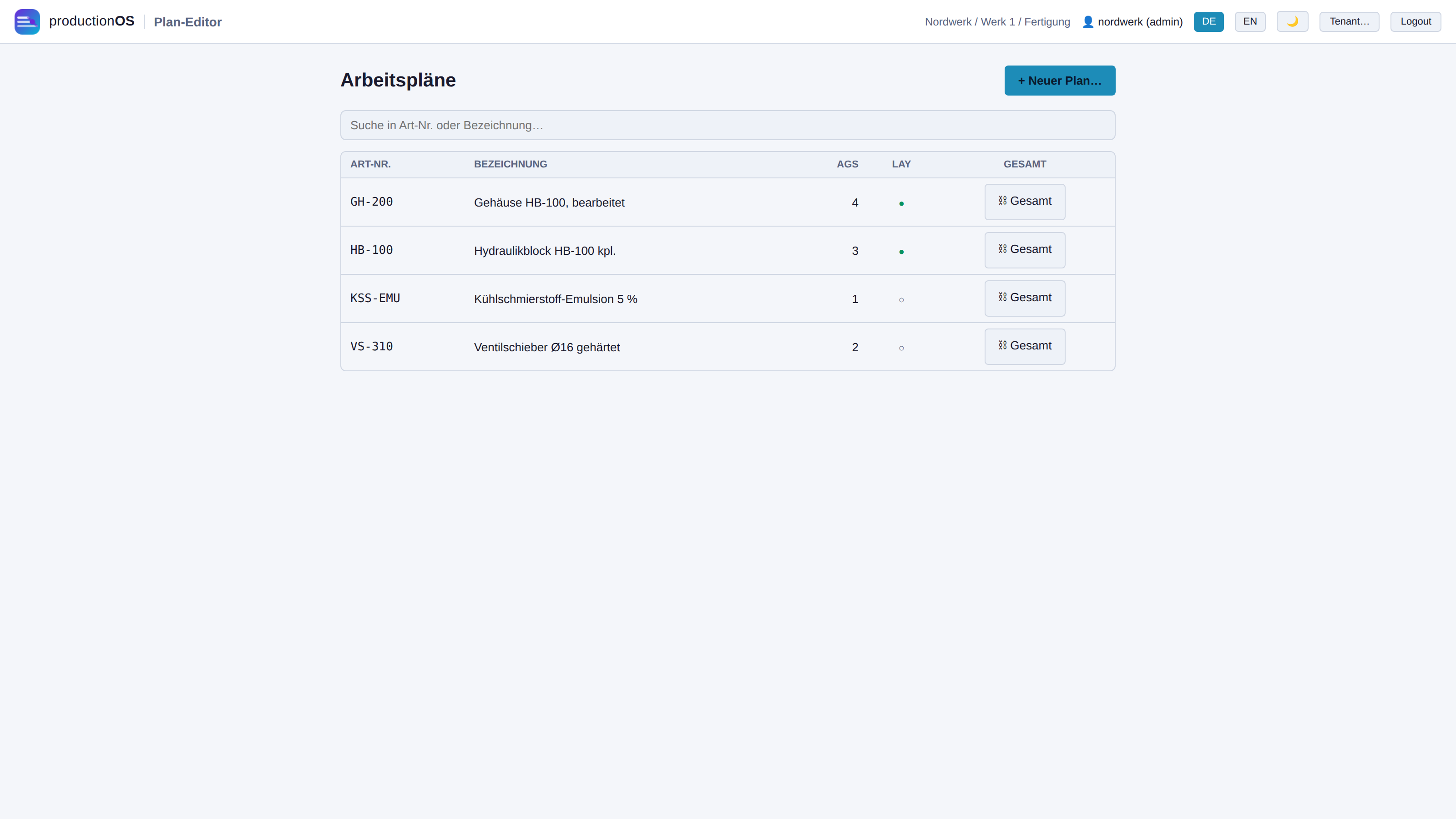 Plan-Liste im Editor