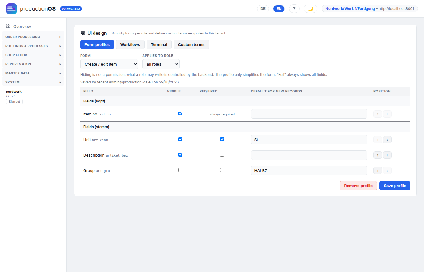 Form profile for item creation