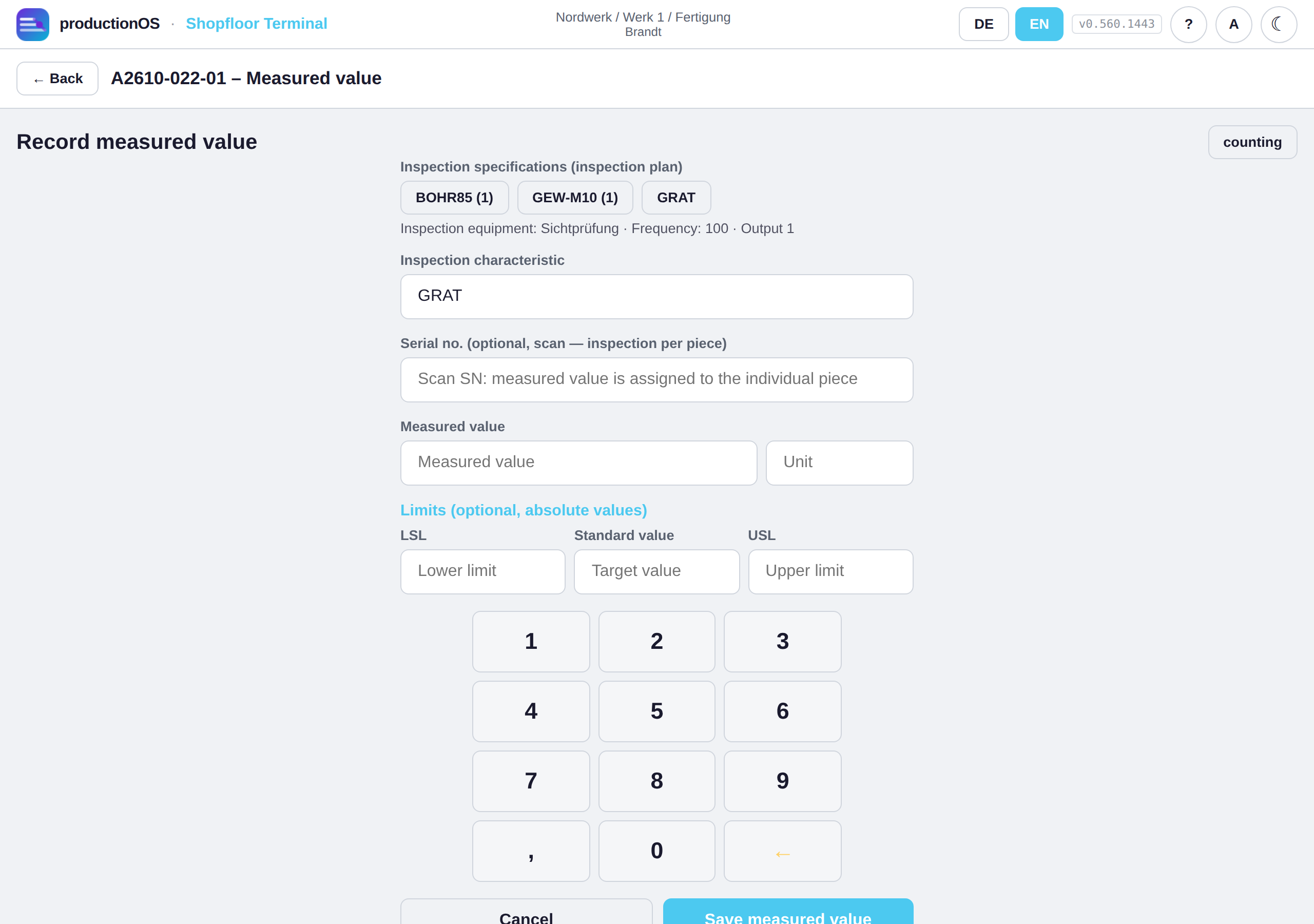 Measured value screen